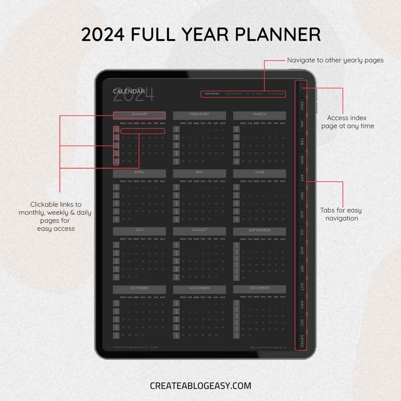 2024 Digital Planner Dark Mode - Create A Blog Easy